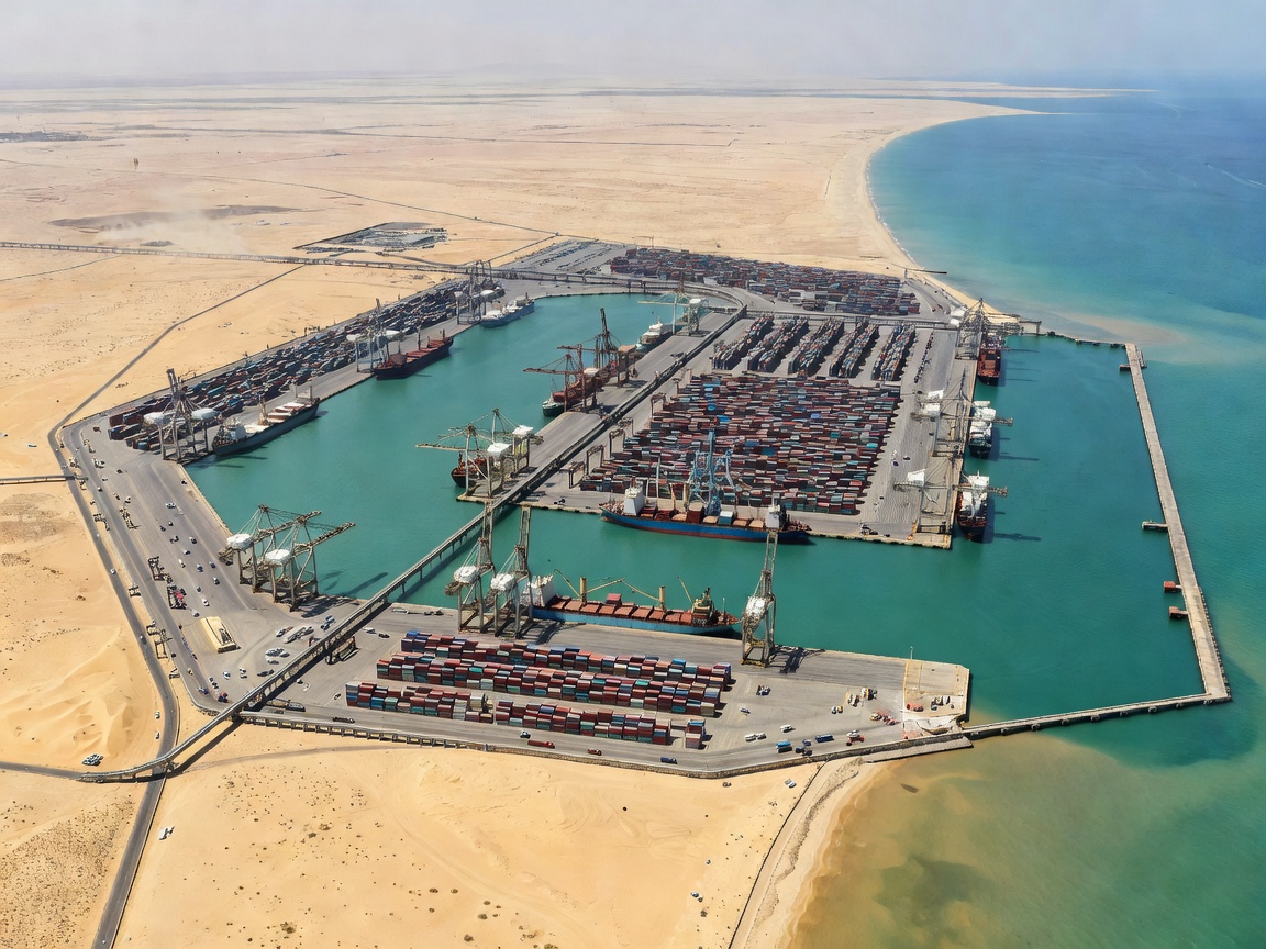 Aerial perspective of massive port infrastructure located along a desert coastline