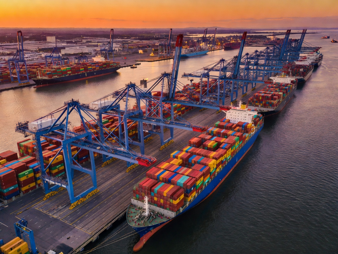 Aerial view of massive container ship terminals with large blue cranes at sunset