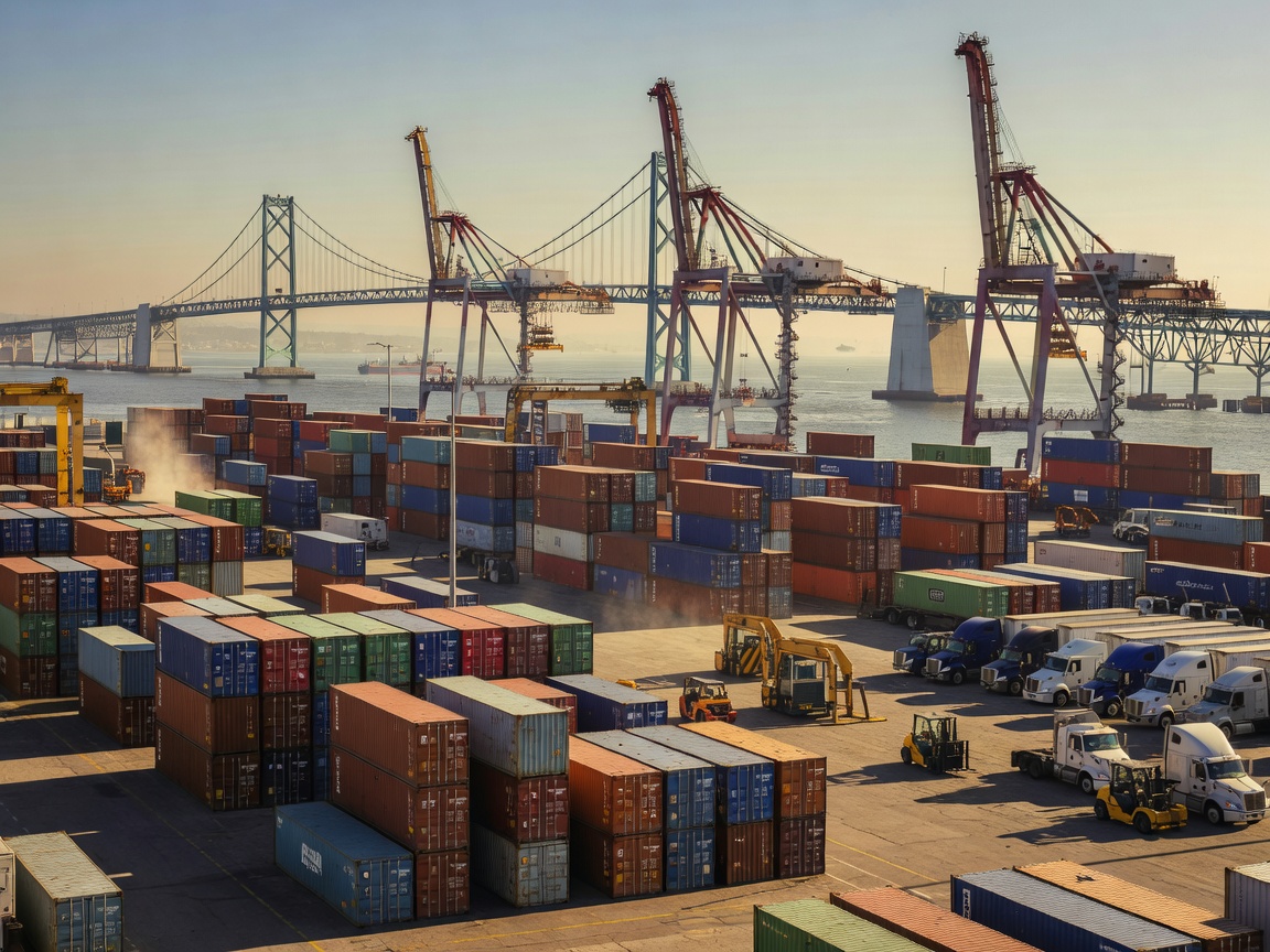 Cargo terminal in Southern California showing the Vincent Thomas Bridge in the background