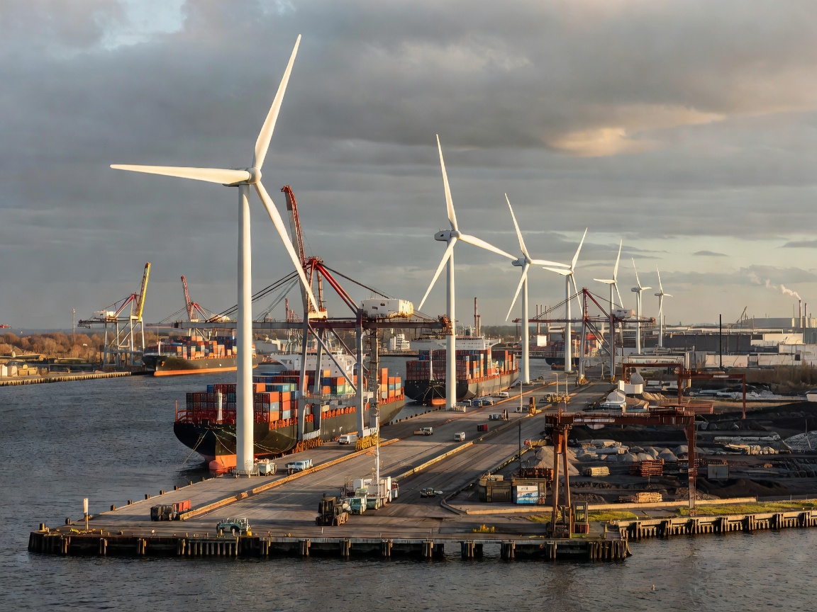 Industrial port harbor in Europe featuring large wind turbines alongside cargo docks