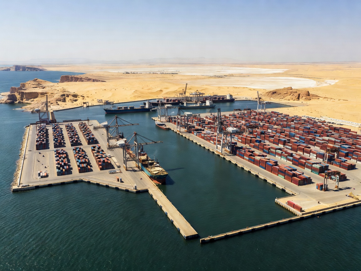 Man-made harbor with geometric container yards in a desert coastal setting