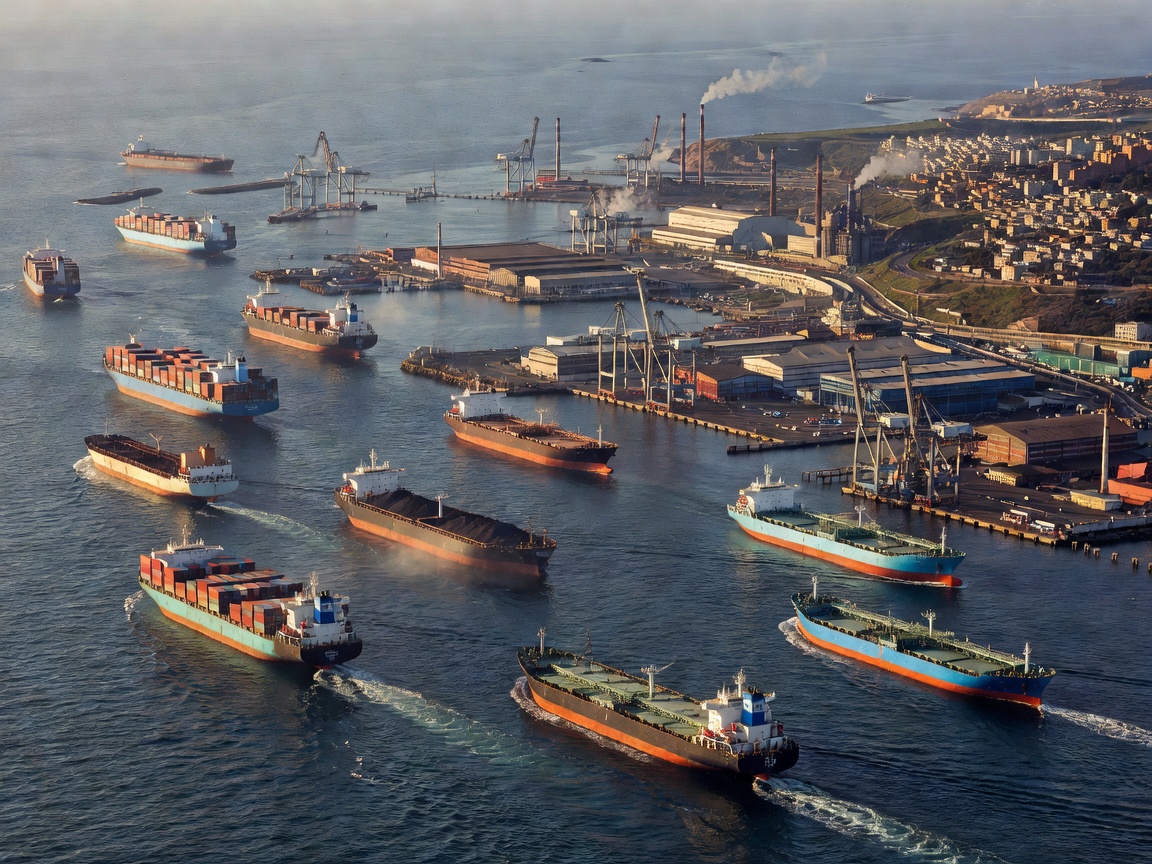 Multiple cargo vessels navigating the straits near dense coastal infrastructure