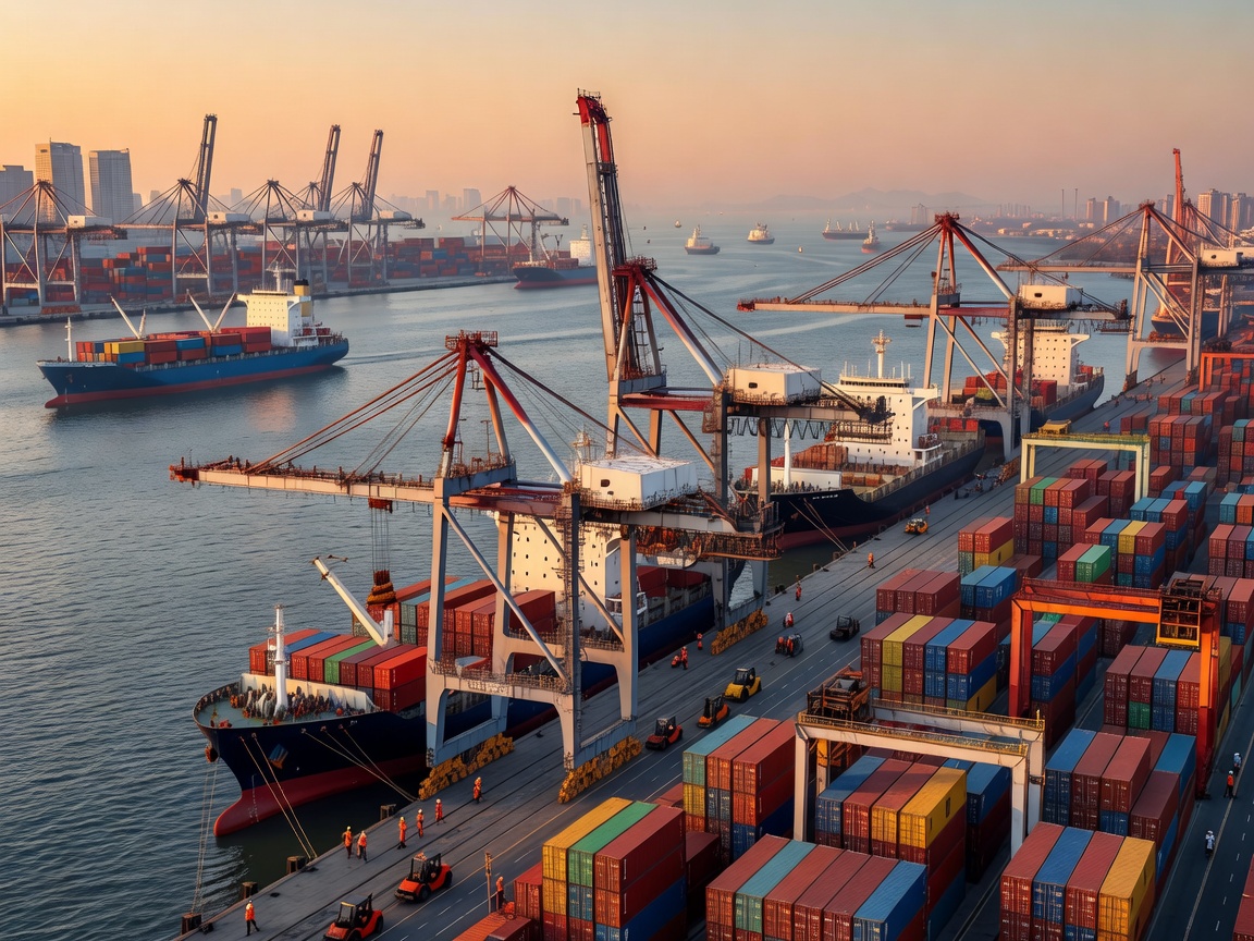 Panoramic view of the Shanghai port coastline with ships loading and unloading