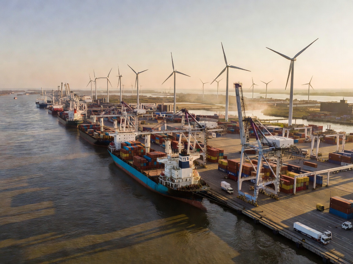 River port showing cargo ships, automated terminals, and modern wind turbines