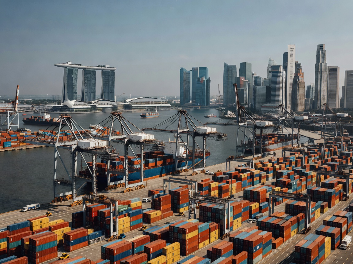 Singapore skyline in the background with vast port container terminals in the foreground