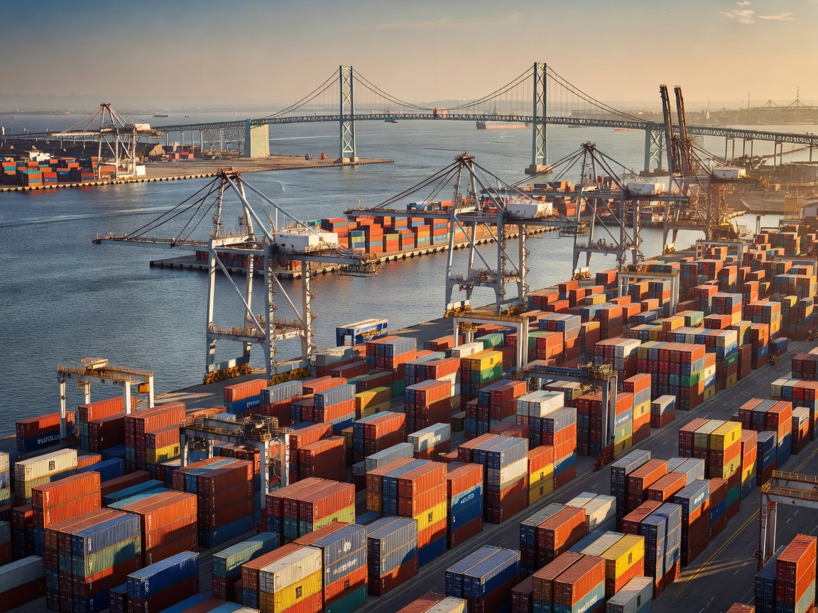 Vast container stacks and suspension bridges over the San Pedro Bay port complex